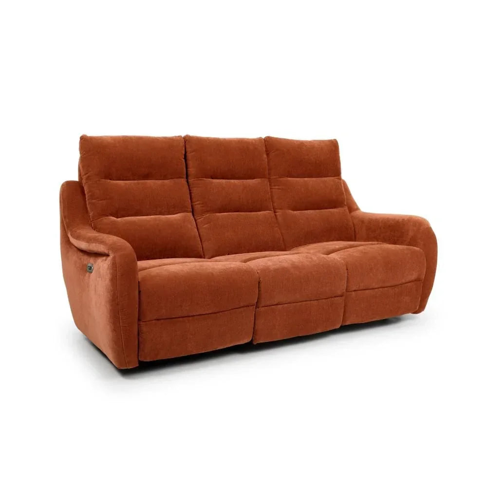 Three seater rust fabric recliner sofa with padded back and armrests