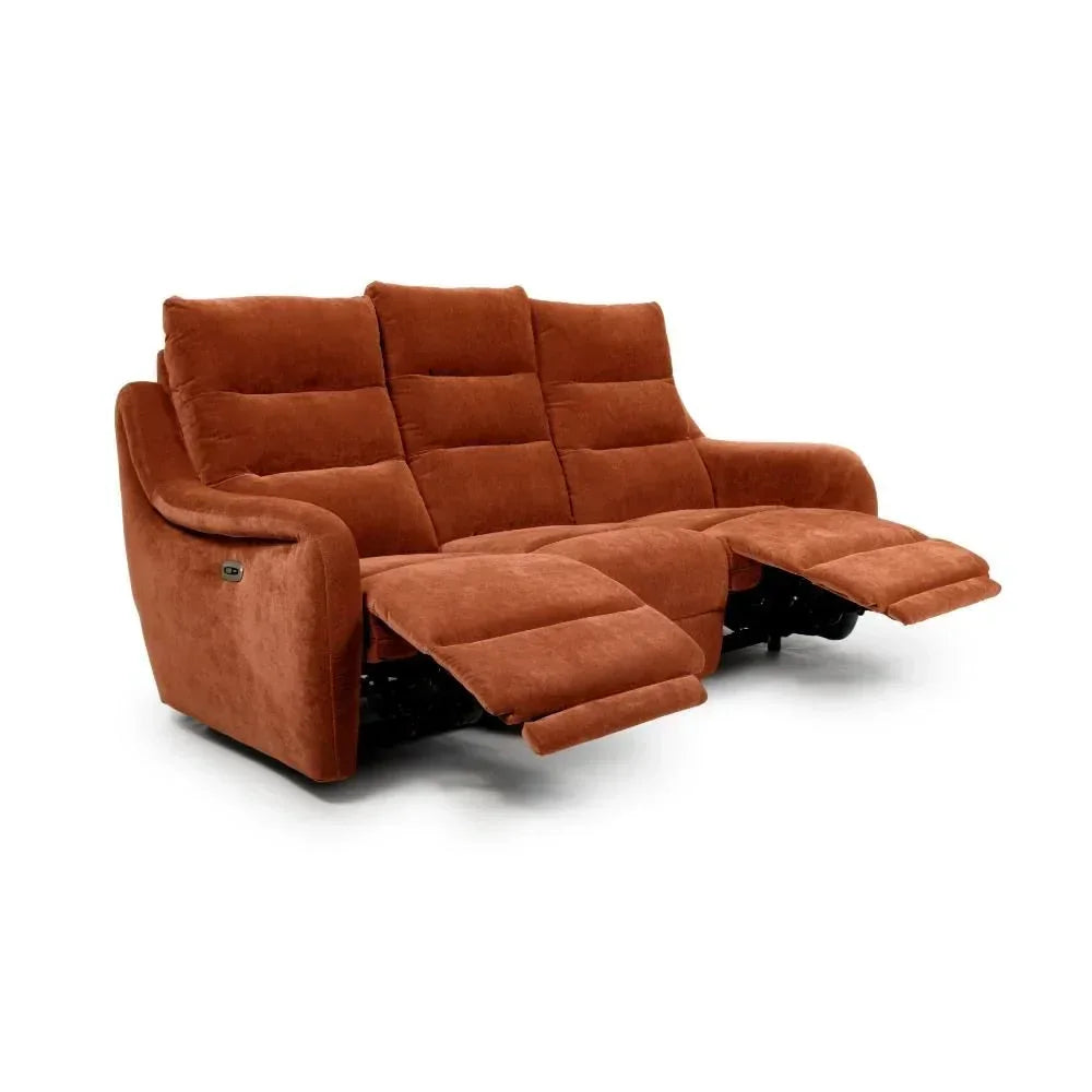 Rust brown fabric recliner sofa with extended footrests and padded cushions, front angle view