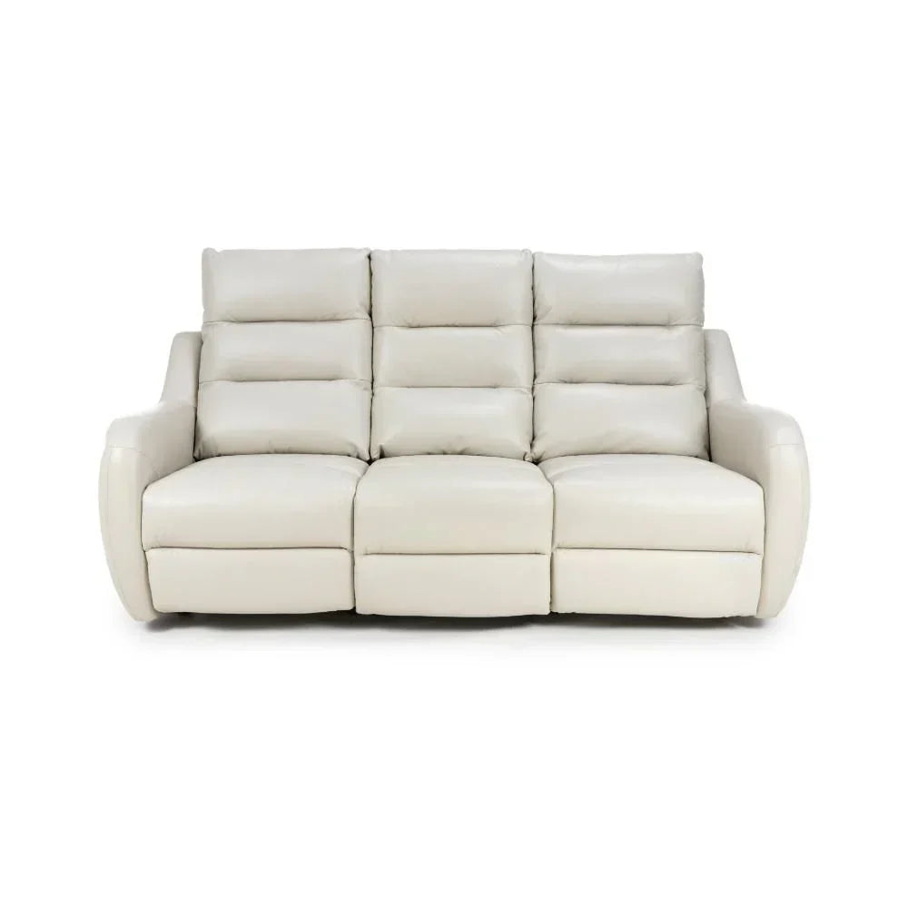 Cream leather recliner sofa with padded backrest and armrests, front facing view