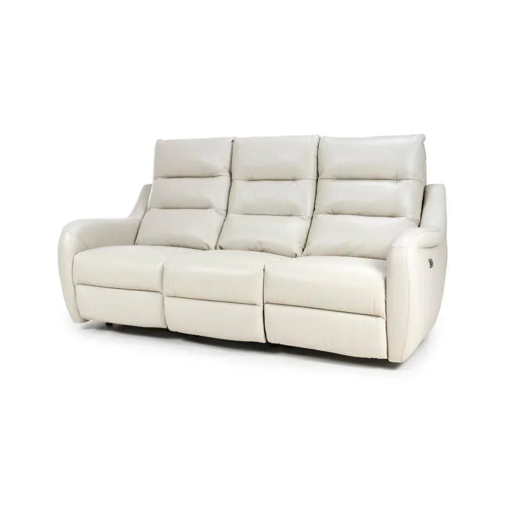 Cream leather reclining sofa with cushioned backrest and armrests, front angle view