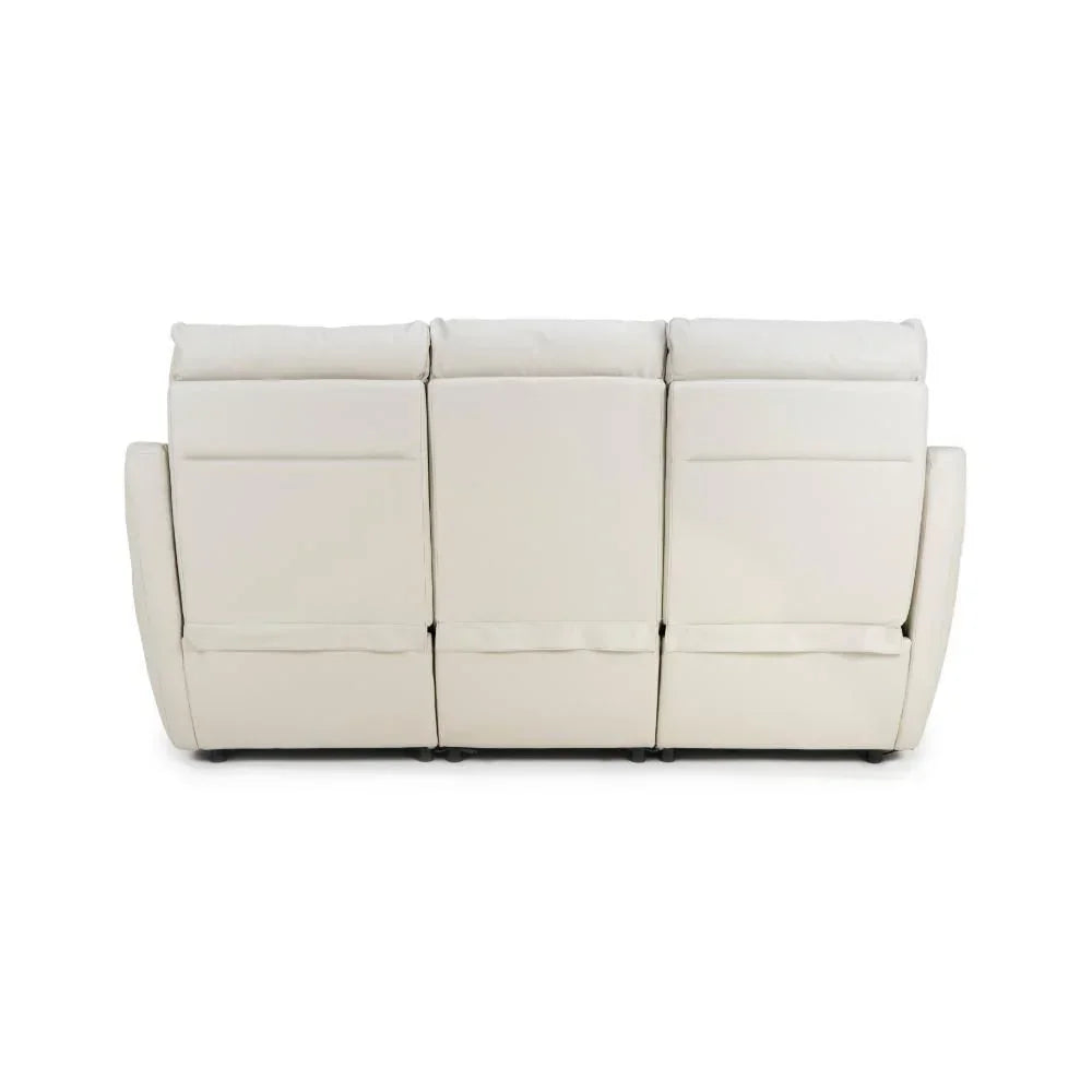 Rear view of cream leather reclining sofa with three cushioned seats