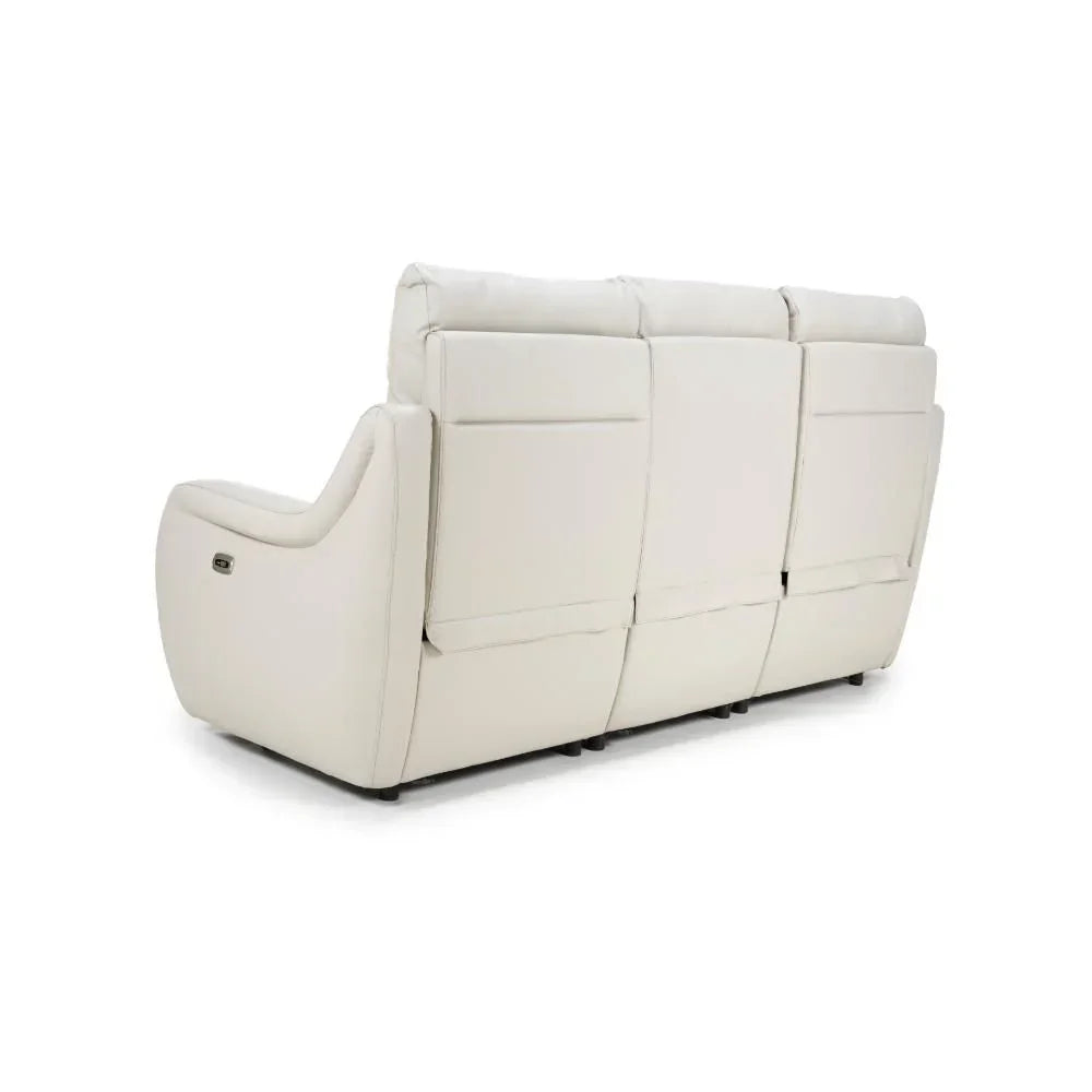 Rear view of cream leather recliner sofa with three seats and padded backrests