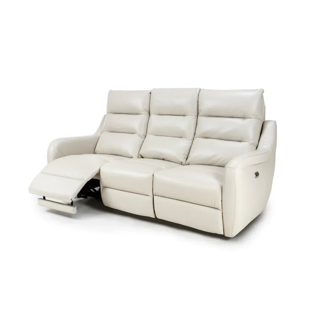 Cream leather recliner sofa with extended footrest and plush cushioned backrest
