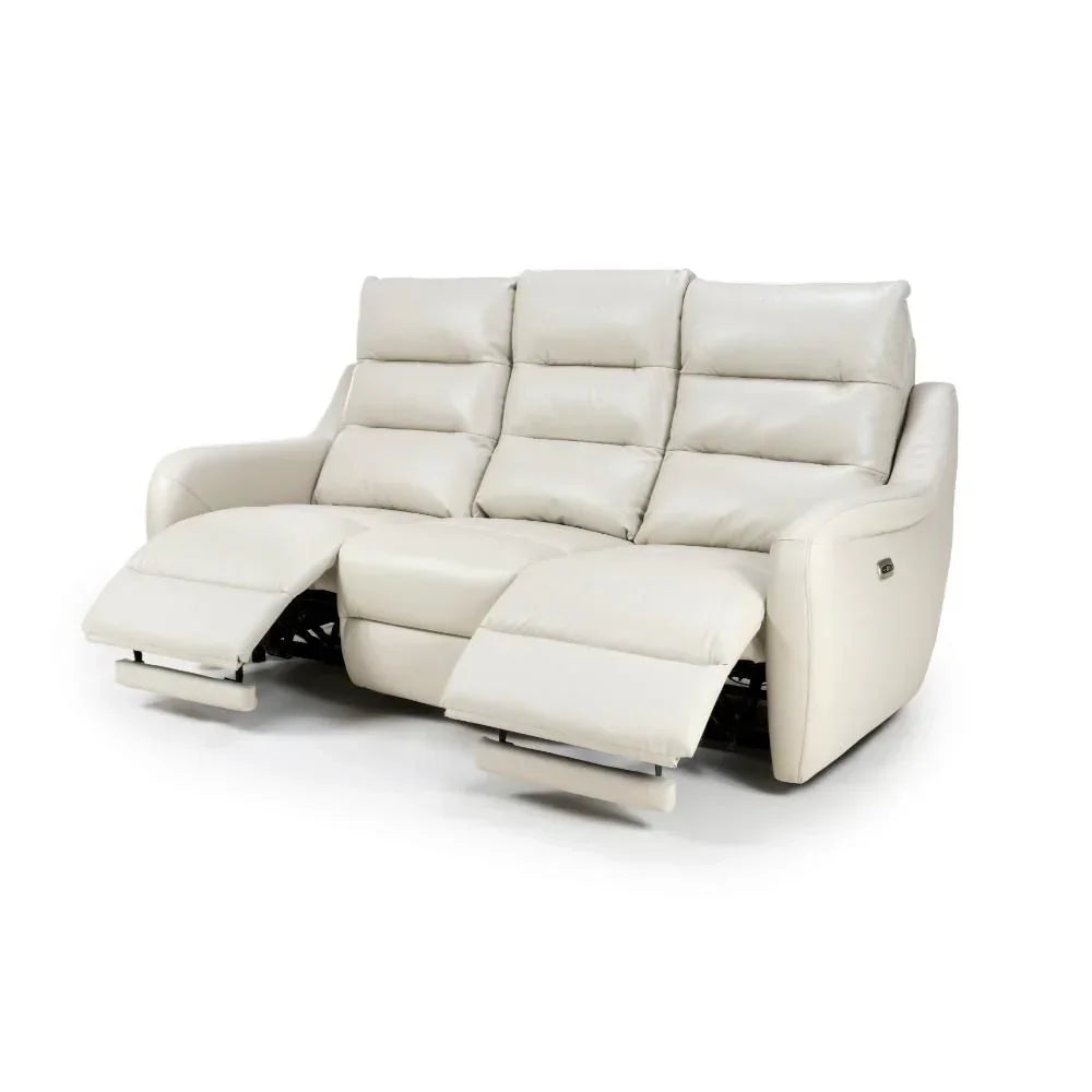 Cream leather recliner sofa with both footrests extended against white background