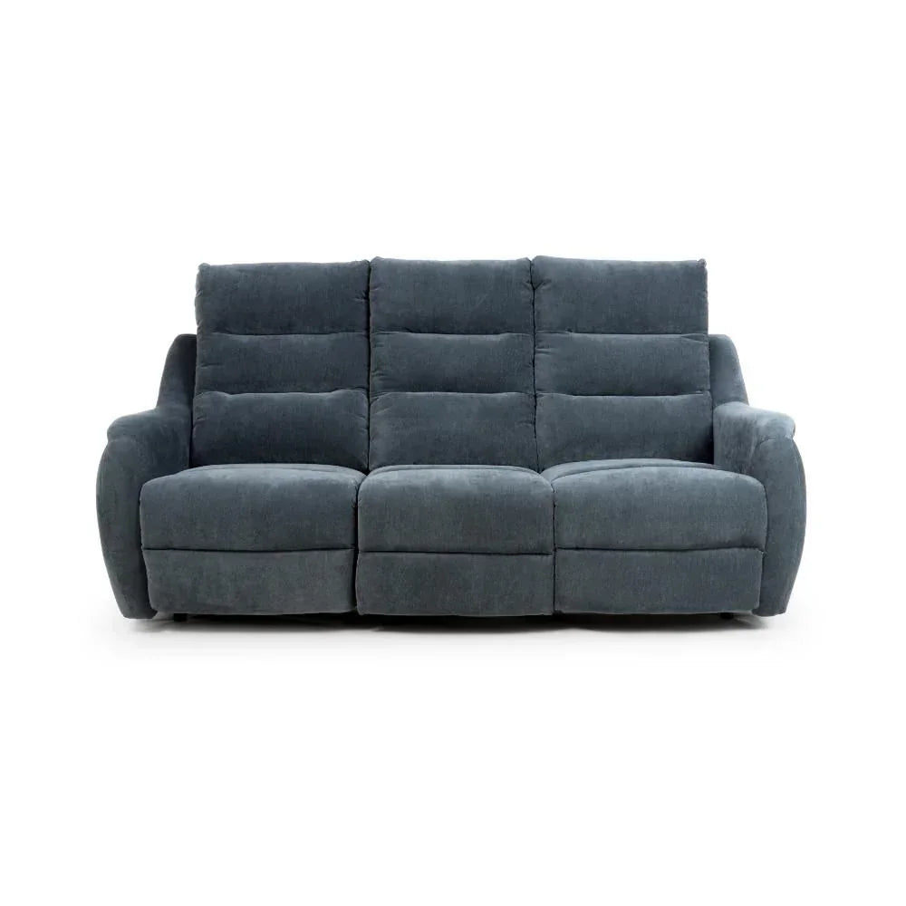 Dark grey fabric recliner sofa with padded seats and backrest, front view