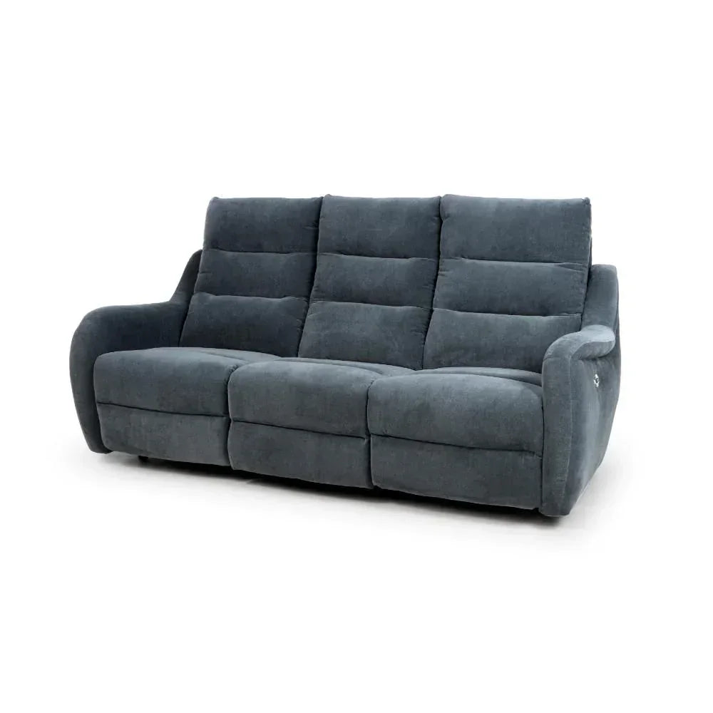 Dark grey fabric recliner sofa with contoured seats and padded armrests, front view