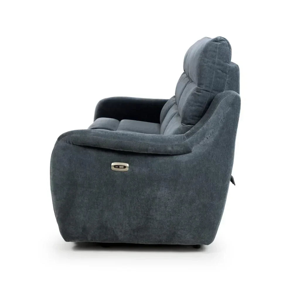 Side view of dark grey fabric recliner sofa with padded arms and metal recline button