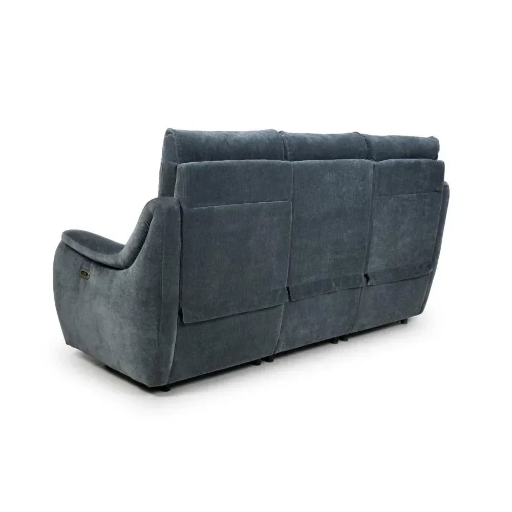 Rear view of grey fabric reclining sofa with padded backrest and armrest