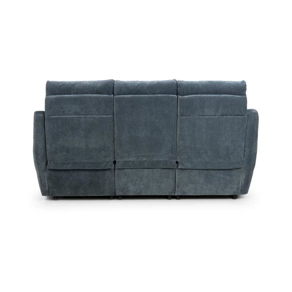 Back view of dark grey fabric reclining sofa with three seat sections