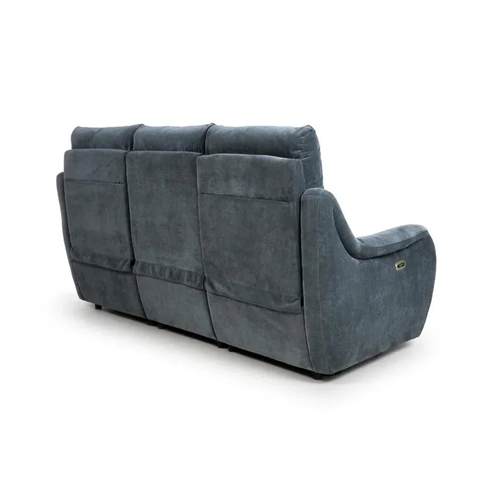 Back view of grey fabric reclining sofa with padded cushions and curved armrest