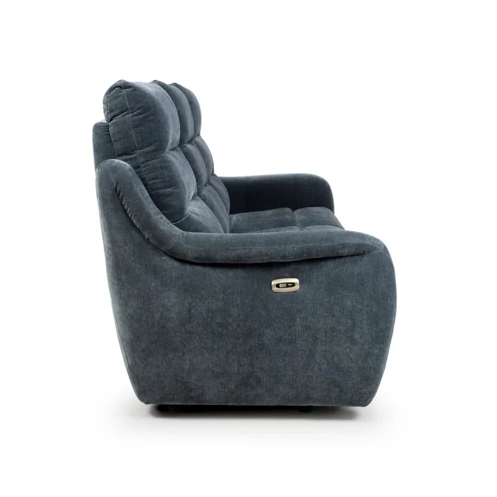 Dark grey fabric recliner sofa side view with padded back and visible control panel