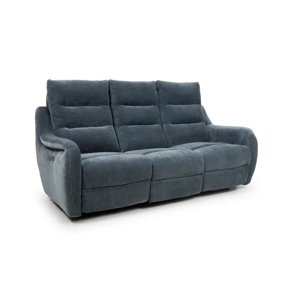Dark grey fabric recliner sofa with tufted cushions and plush armrests, front angle view