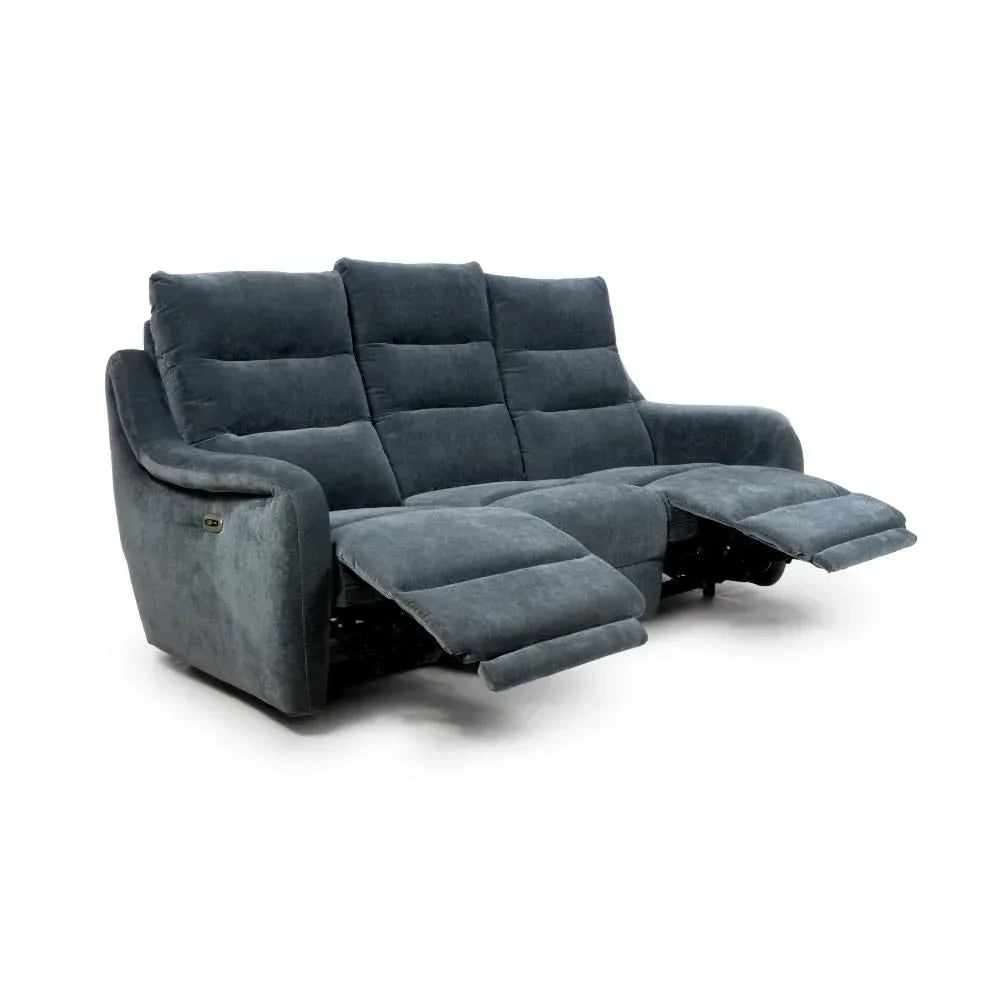 Dark grey fabric recliner sofa with extended footrests, angled view