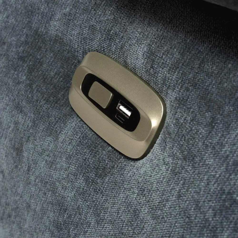 Recliner sofa fabric detail with built-in USB charging port and control button