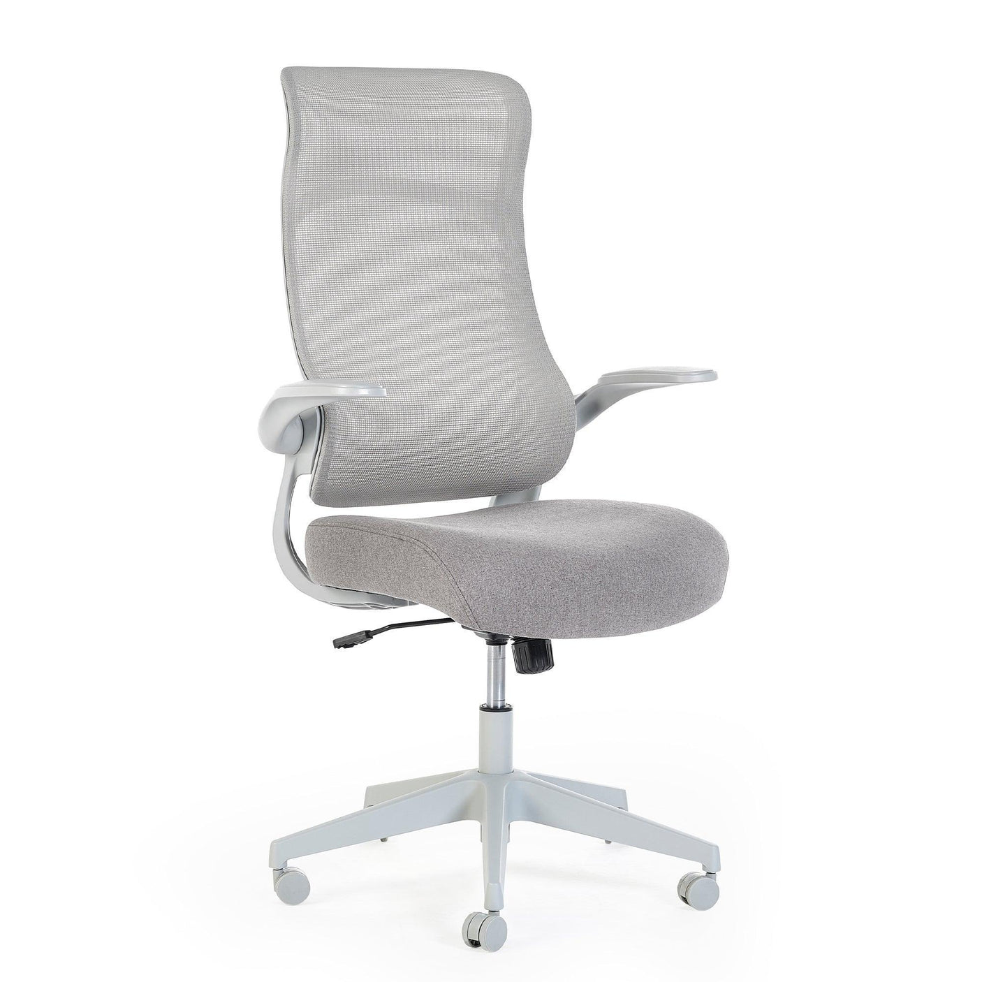 Grey mesh office chair with padded seat, armrests, high back and swivel base on castors