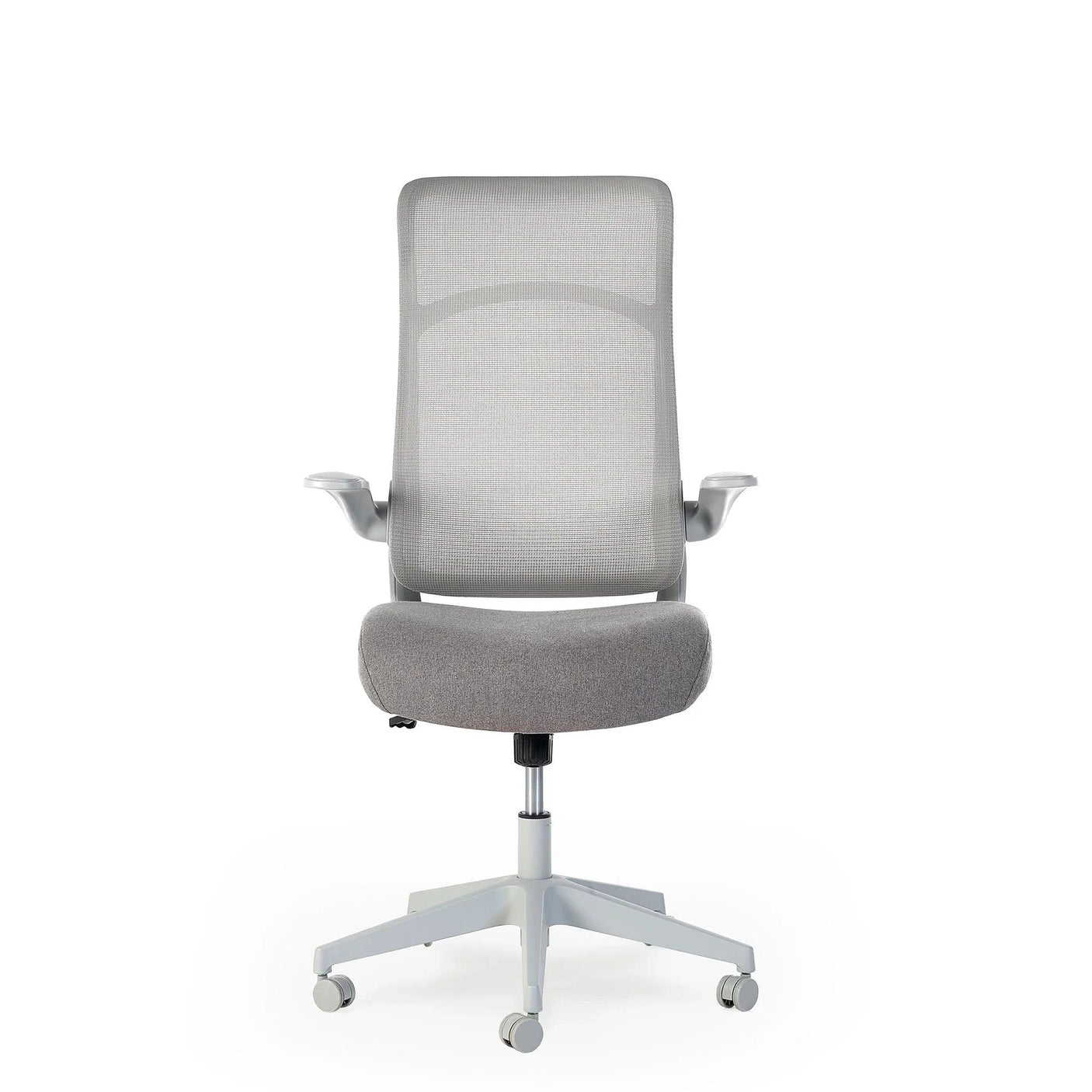 Grey mesh back office chair with padded seat, armrests and five-wheel base, front view
