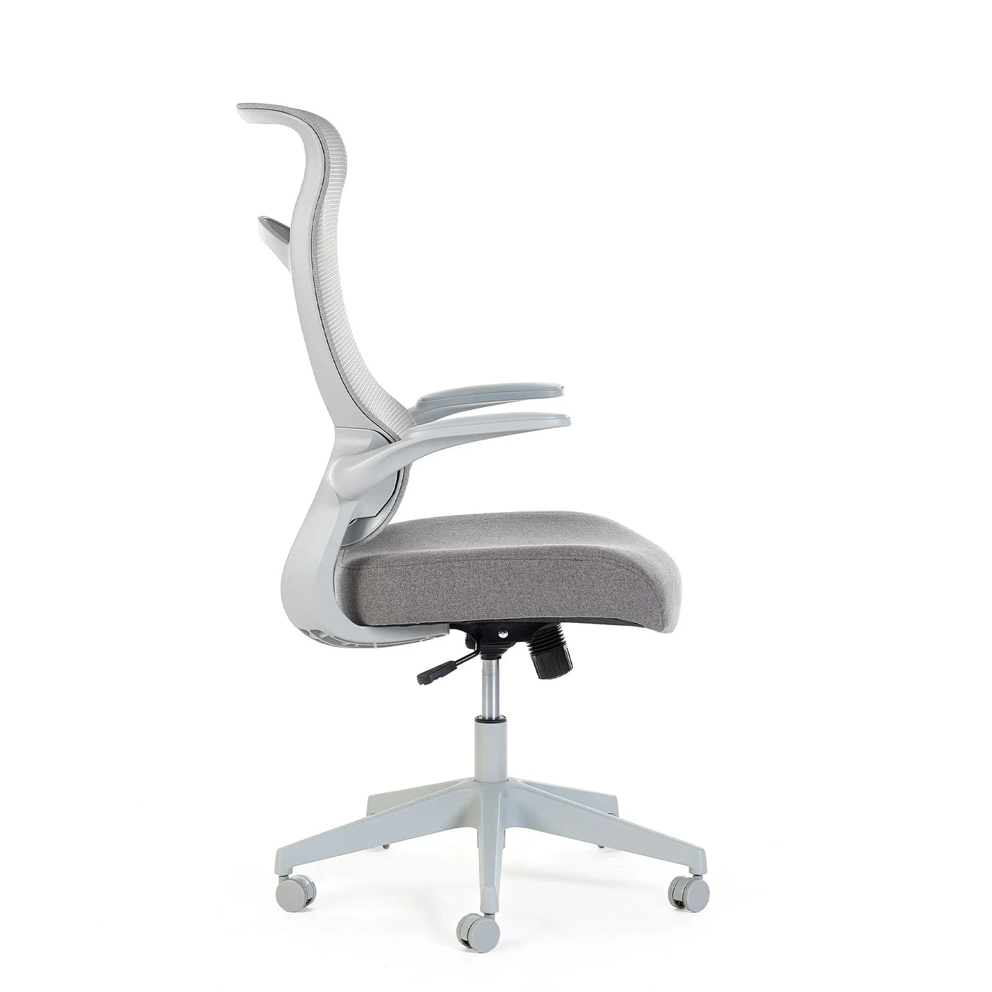 Grey office chair with mesh back, padded seat and adjustable armrests, side profile view