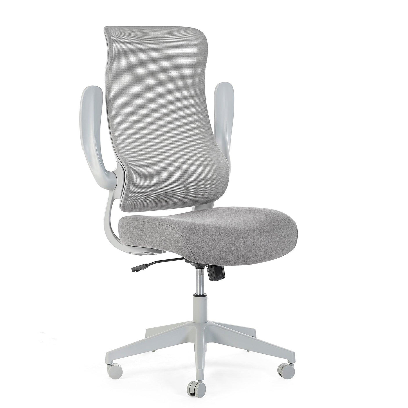 Light grey mesh office chair with ergonomic backrest, padded seat, and rolling base