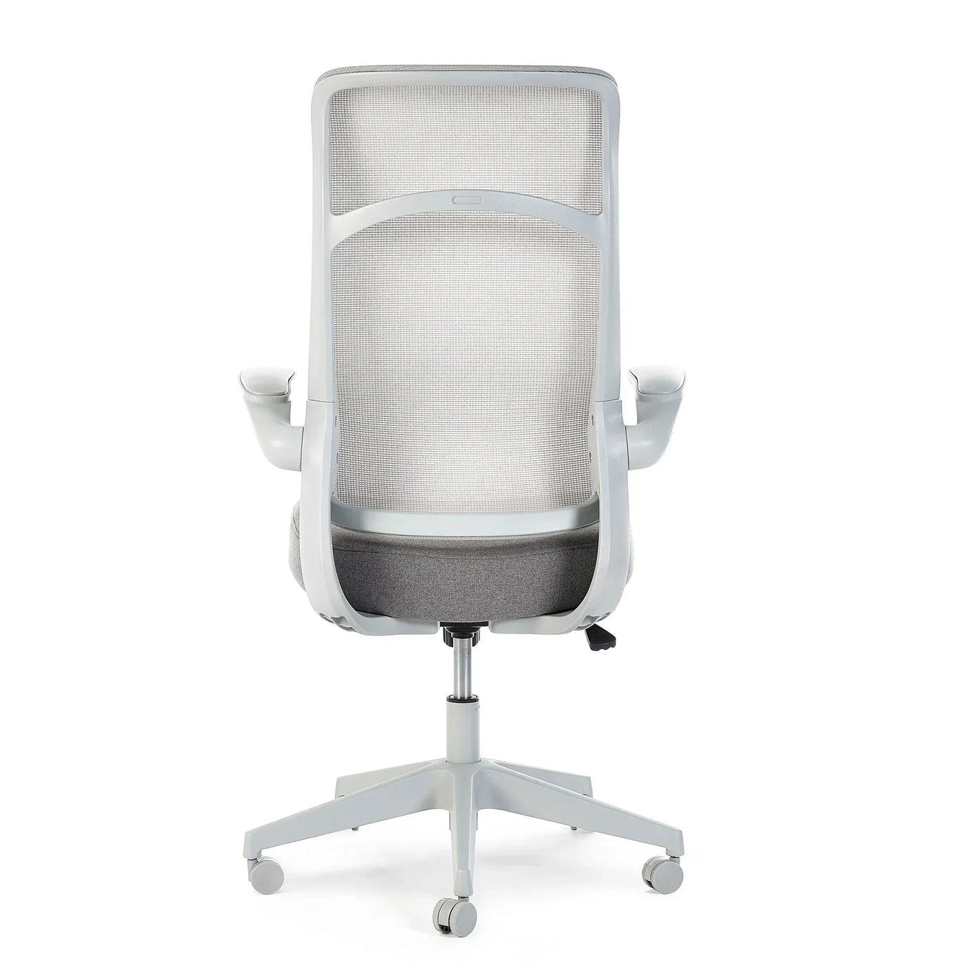 White mesh back office chair with armrests and grey seat, rear view on white background