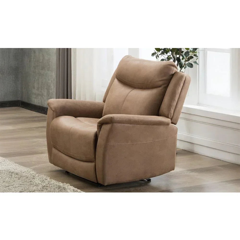 Tan fabric recliner chair with padded armrests in modern living room by window