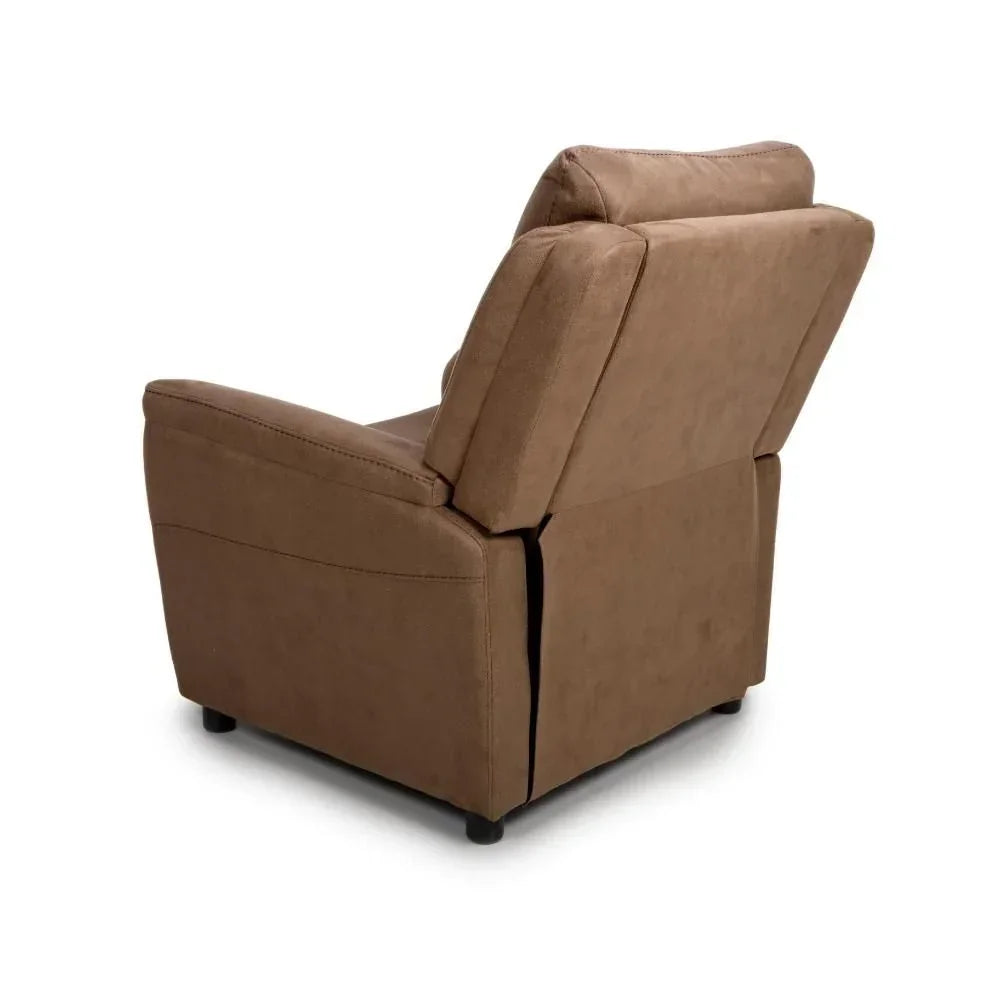 Brown fabric recliner chair rear angle view showing cushioned back and armrests