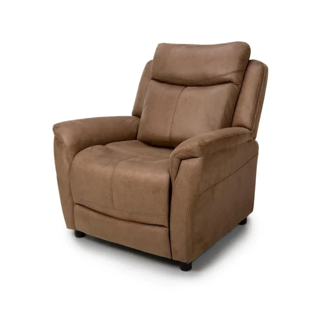 Brown fabric recliner armchair with padded headrest and wide armrests