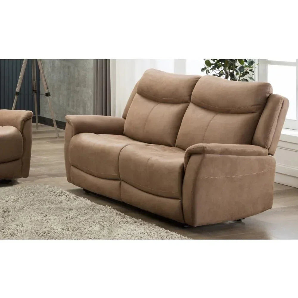 Tan fabric recliner sofa with padded arms and high backrest in modern living room