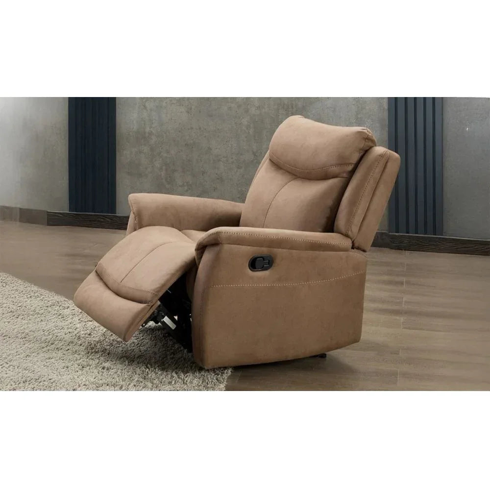 Beige fabric recliner chair with padded armrests and extended footrest in modern living room