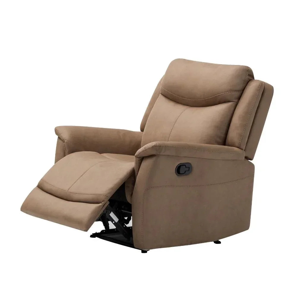 Beige fabric recliner chair with padded armrests and extended footrest side view