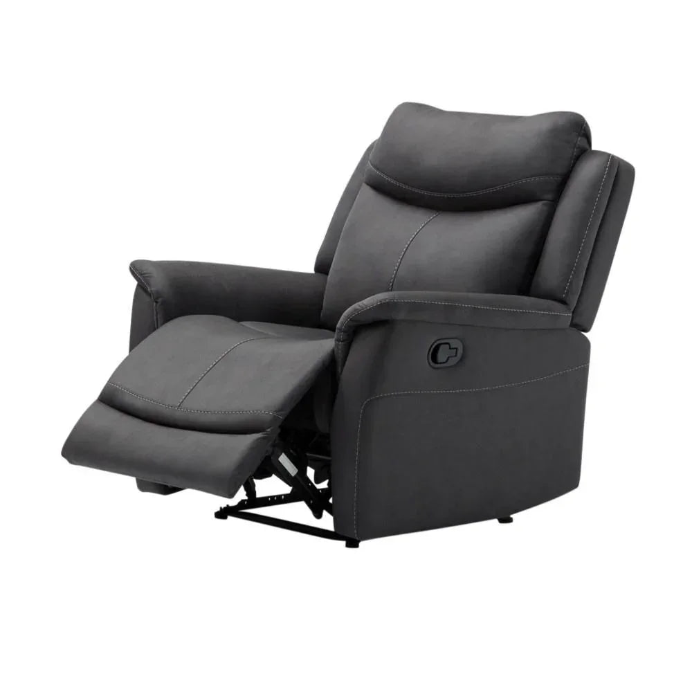 Dark grey fabric recliner chair with footrest extended and visible side lever