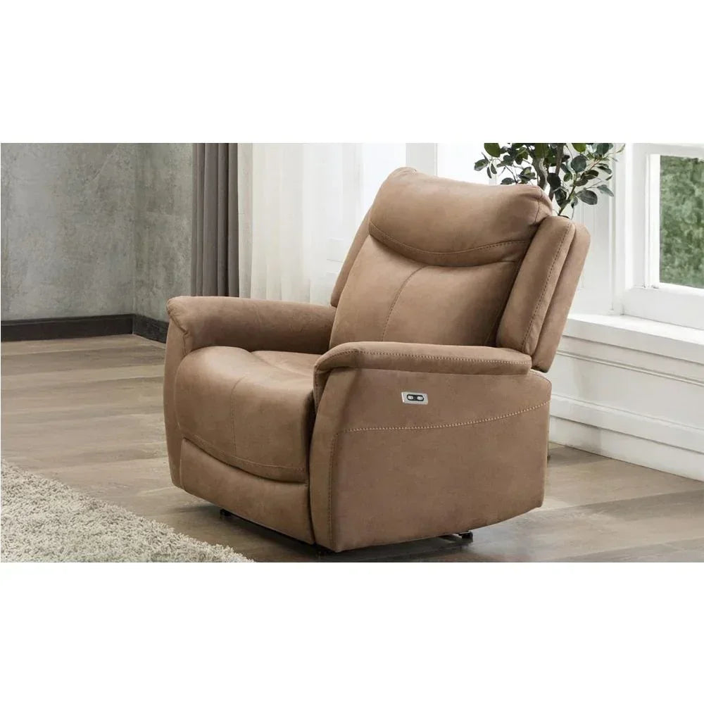 Tan fabric recliner chair with headrest and padded arms in modern living room