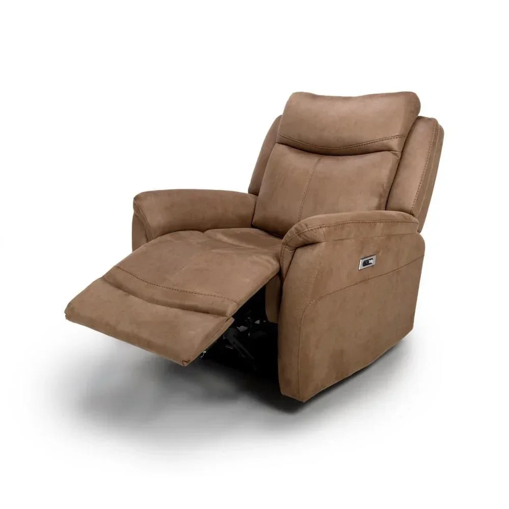 Brown reclining armchair with extended footrest and plush padded seat on white background
