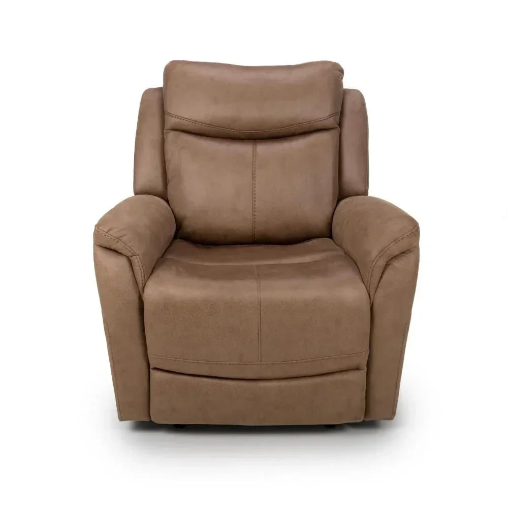 Brown fabric recliner armchair with padded seat and backrest, front view
