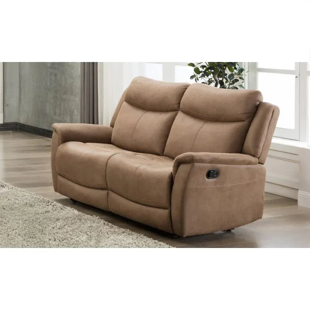Tan fabric recliner sofa with padded seats in modern living room near window