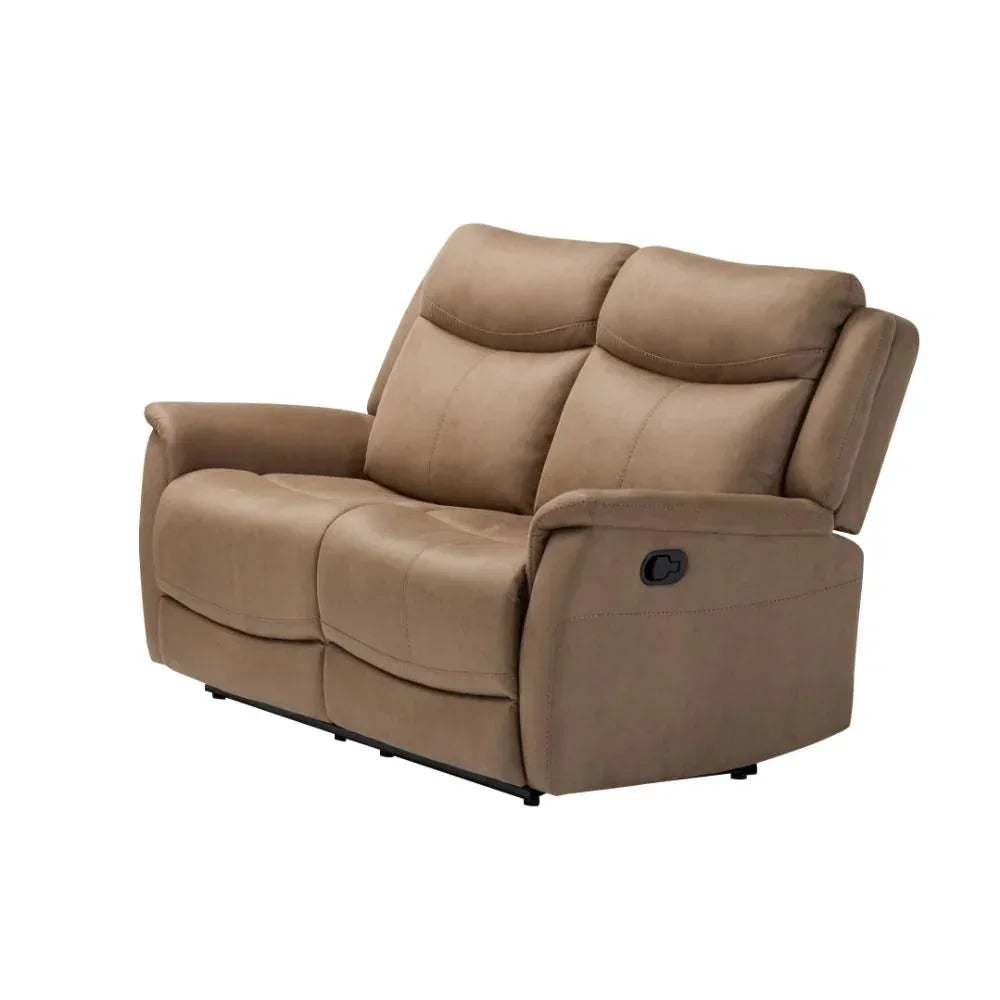 Light brown fabric recliner sofa for two with padded seats and manual lever on side