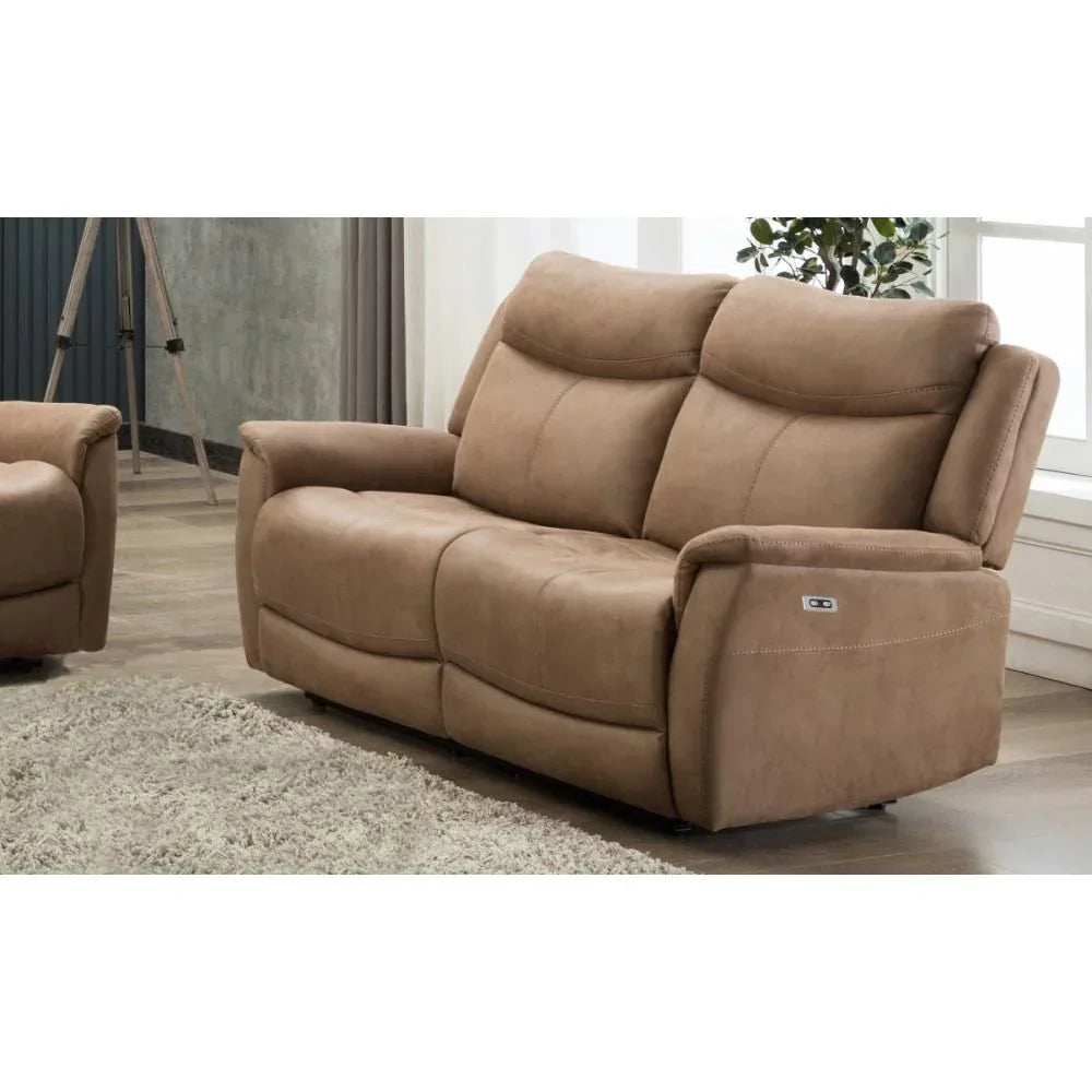 Brown fabric reclining sofa with padded armrests and headrests in modern living room