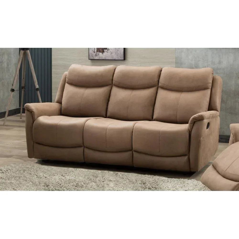 Beige fabric recliner sofa with three seats in a modern living room setting