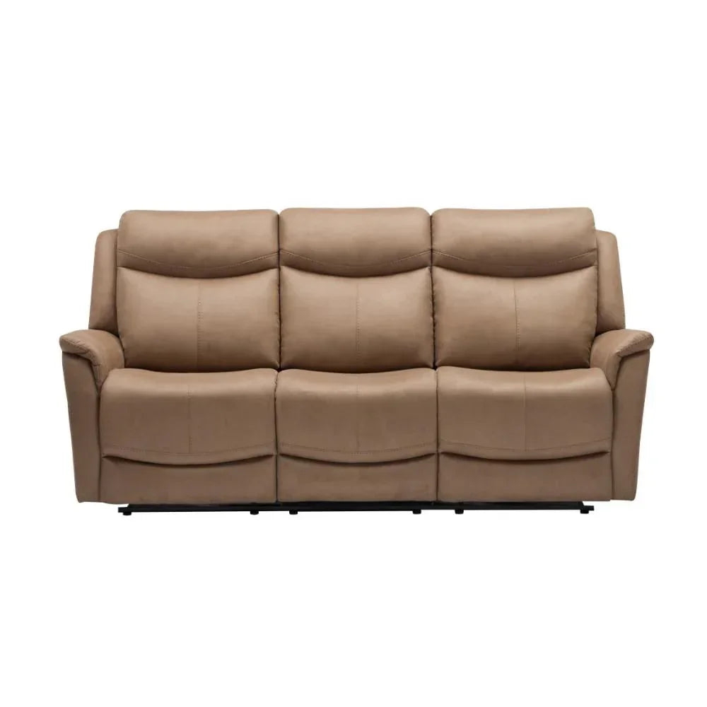 Three seater tan leather sofa with padded seats and armrests, front view