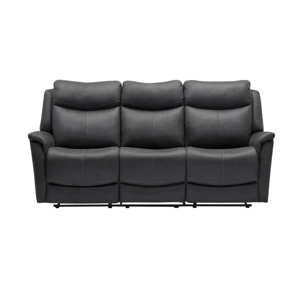 Black leather three seater sofa with padded cushions and visible white stitching, front view