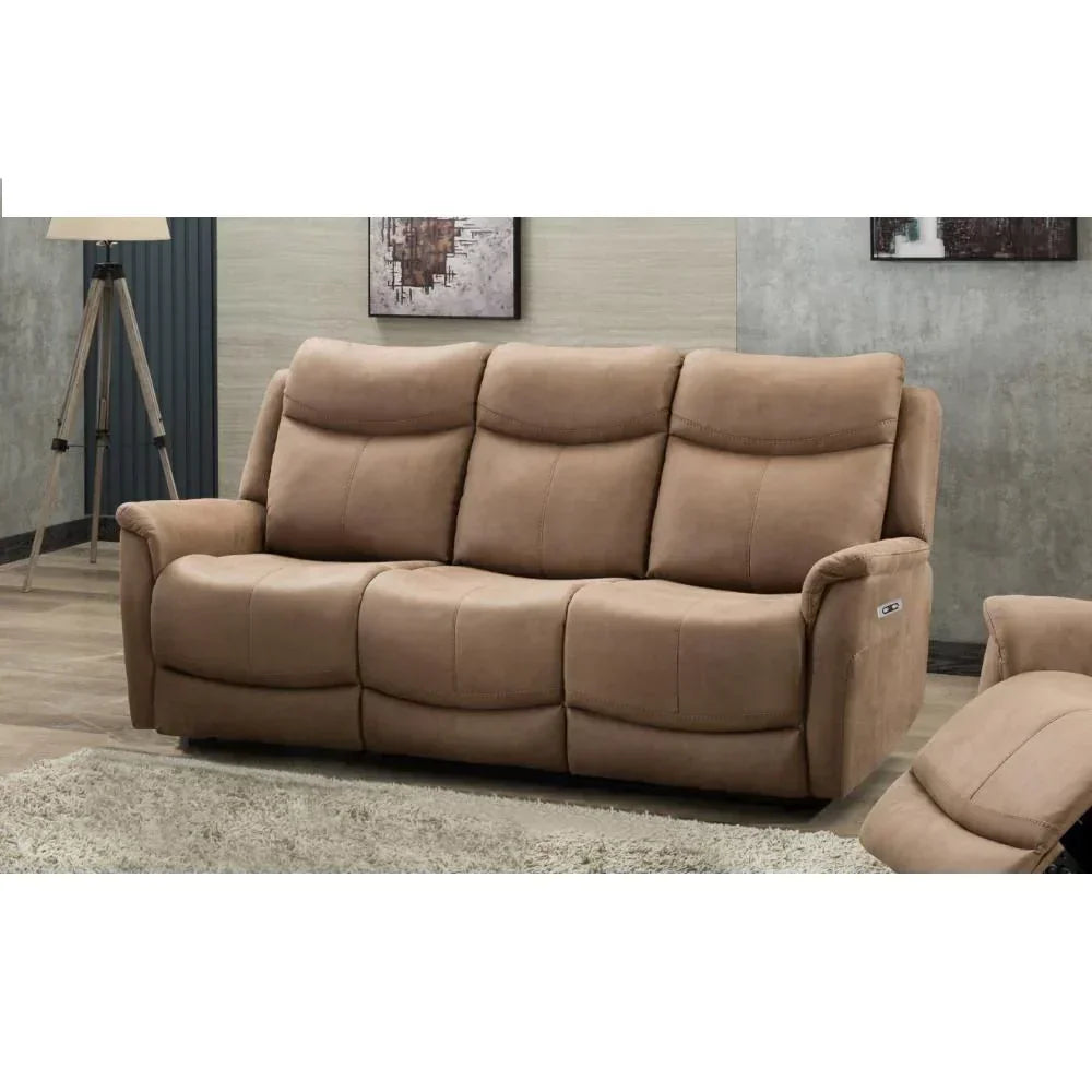 Beige fabric recliner sofa with padded seats and armrests in modern living room setting