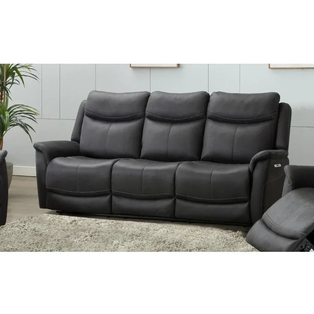 Charcoal grey reclining fabric sofa with three seats in modern living room
