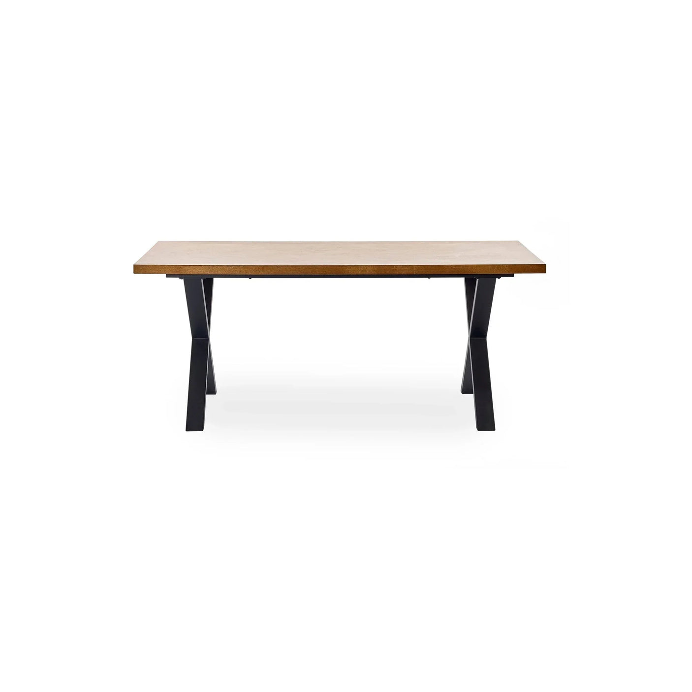 Rectangular wooden dining table with black metal legs, front view on white background