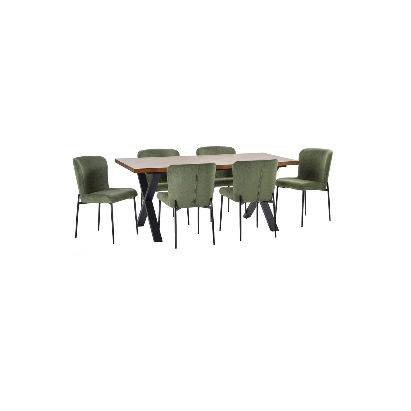 Dining table set with six green velvet chairs and black metal legs