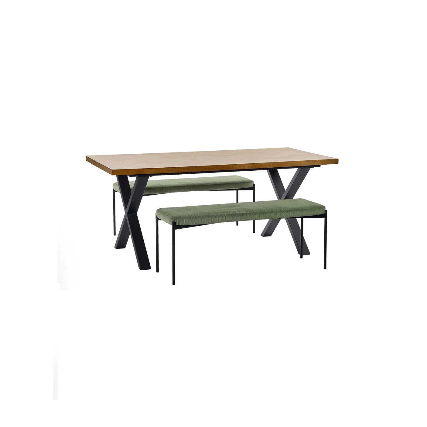 Rectangular oak dining table with black metal legs and two green fabric benches