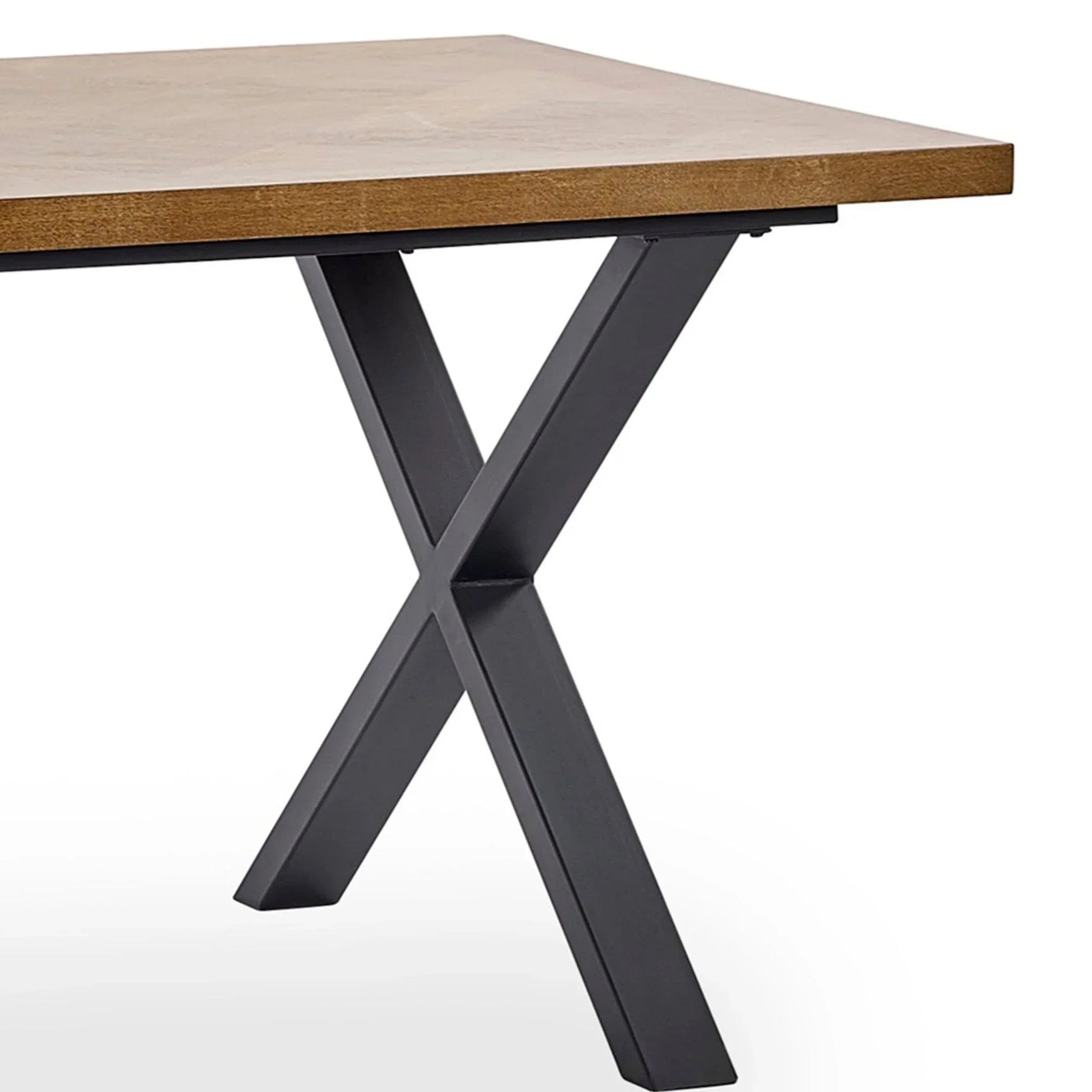 Dining table with wood top and black metal cross legs, corner angle view