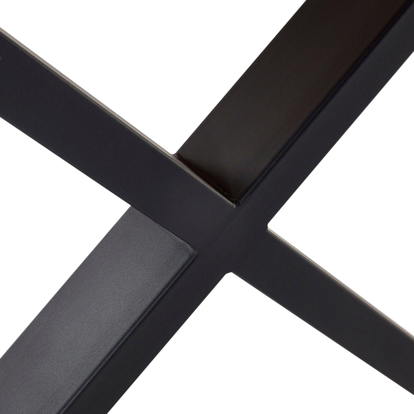 Black metal table leg cross detail with matte finish