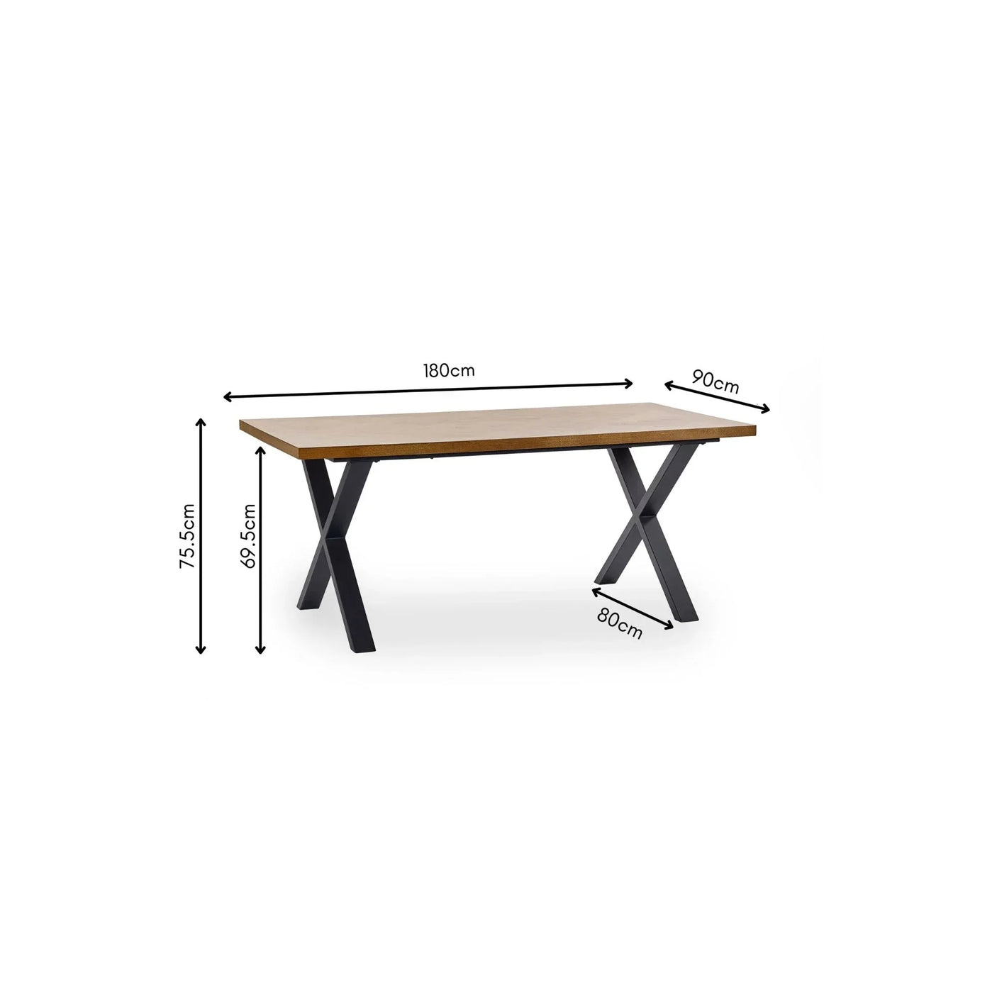 Rectangular wooden dining table with black metal legs and size measurements shown