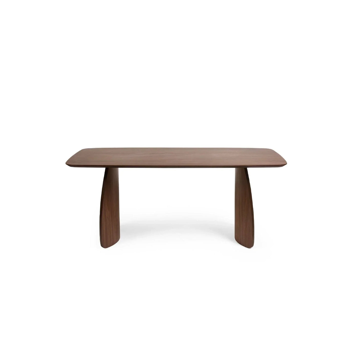 Rectangular wooden dining table with rounded edges and two wide curved legs