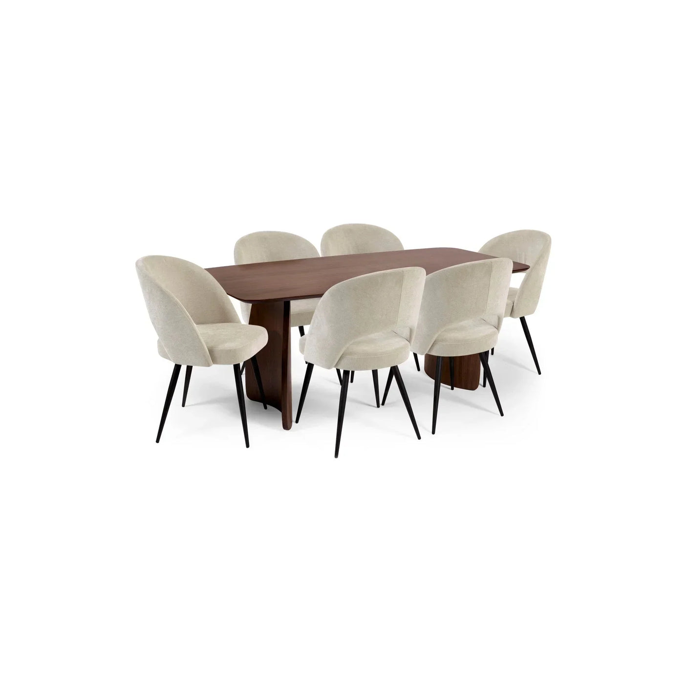 Rectangular wooden dining table with six beige upholstered chairs and black metal legs