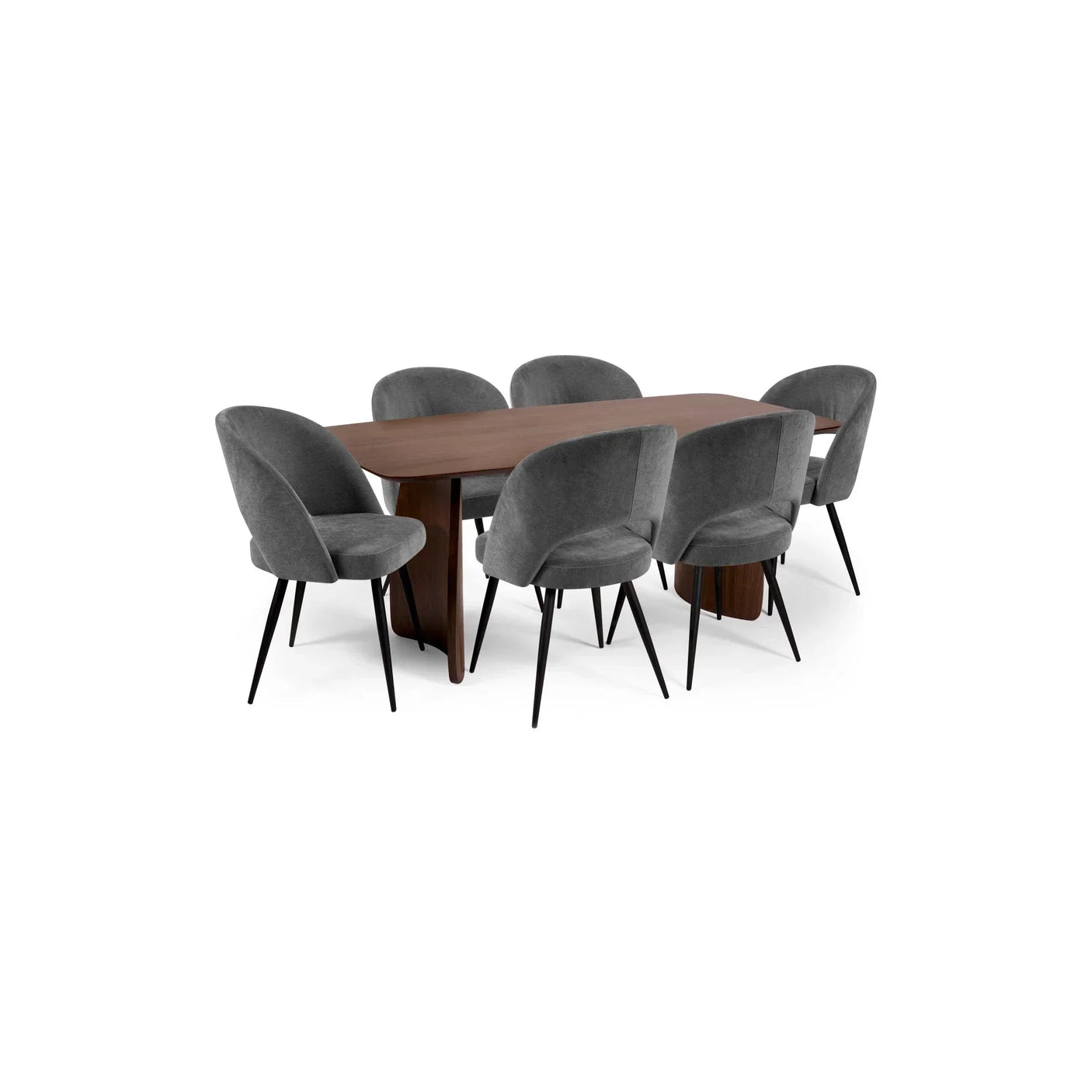 Walnut dining table with six grey velvet chairs and black legs on white background